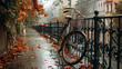Bicycles parked on a bridge in the rain. Autumn cityscape.