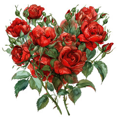 Wall Mural - Beautiful watercolor illustration with bouquet of red roses, valentine's day concept