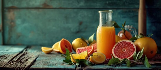 Poster - Fresh vitamins Glasses with fresh juice surrounded by squeezed grapefruits and lemons Homemade fresh juice with lemons and grapefruits Healthy lifestyle healthy body. Creative Banner. Copyspace image
