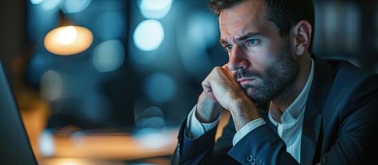 Leinwandbilder - A businessman looks tiredly at a computer monitor and feels hopeless A young man in a suit works in the office. Creative Banner. Copyspace image