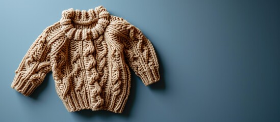 Poster - Knitted wool warm fluffy sweater Handcraft knitting woolen fabric surface Merino wool cashmere baby clothes Top view copy space. Creative Banner. Copyspace image