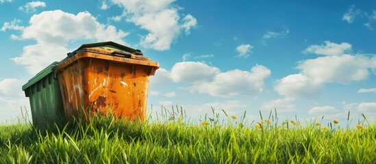 Poster - Colorful Industrial Waste Bin dumpster for municipal waste or industrial waste on green grass and blue sky background with ecology concept. Creative Banner. Copyspace image