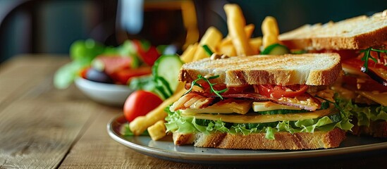 Poster - Club sandwich with french fries and salad. Creative Banner. Copyspace image