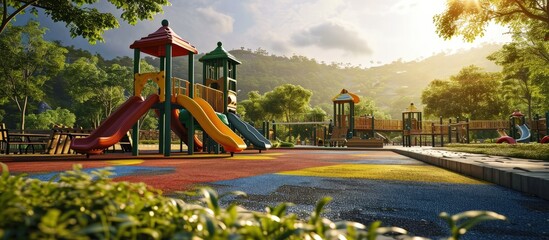 Poster - An image of a colorful children playground without children. Creative Banner. Copyspace image