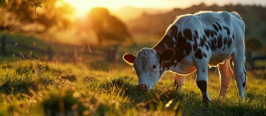 Poster - Calf eating green grass at sunset Farm baby animal. Creative Banner. Copyspace image