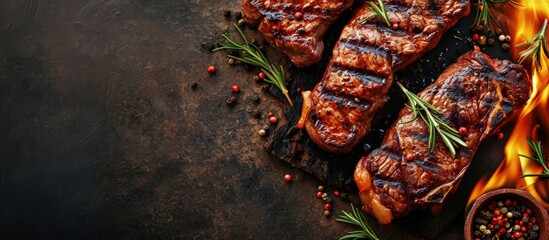 Poster - Beef steaks on the grill with flames banner menu recipe place for text top view. Creative Banner. Copyspace image