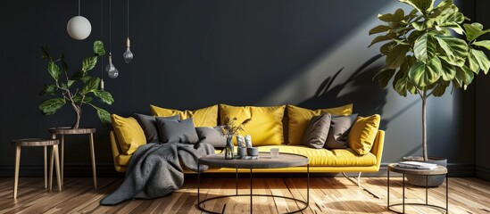 Wall Mural - Bright and minimalist living room with comfortable cushions and gray blanket on a yellow sofa round tables and a wooden floor. Creative Banner. Copyspace image