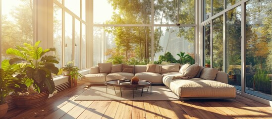 Poster - Elegant bright and comfortable designed living room with big corner sofa wooden floor and big windows. Creative Banner. Copyspace image