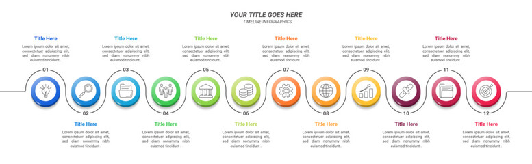 Infographics Timeline With Editable Text From 1 Up to 12 Steps for Business Plans, Business Reports, and Website Design.