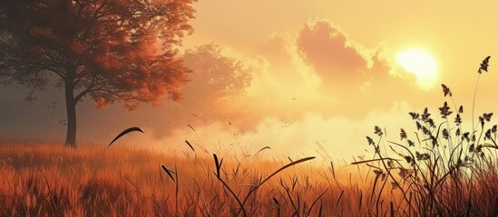 Poster - Autumn sunset landscape with green grass and mist amoung distant trees. Creative Banner. Copyspace image