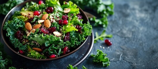 Poster - Healthy raw kale and quinoa salad with cranberry and almonds. Creative Banner. Copyspace image