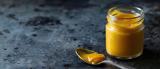 Poster - Homemade honey mustard salad dressing in a jar. Creative Banner. Copyspace image