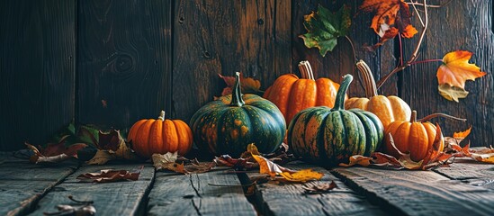 Poster - Beautiful table setting with fresh pumpkins and fallen leaves near wooden wall. Creative Banner. Copyspace image