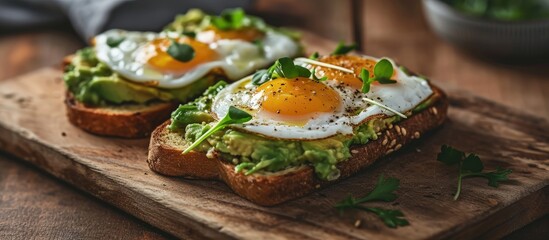 Aufkleber - Eggs on toast with avocado served for breakfast. Creative Banner. Copyspace image