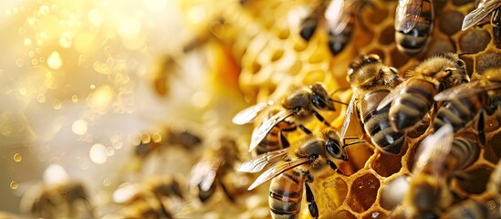Poster - honey bees showing the process of honey production in a hive where the frames are filled with this wonderful product. Creative Banner. Copyspace image