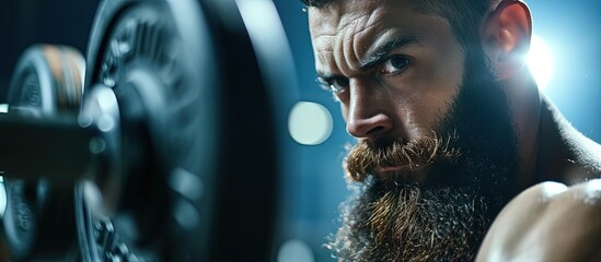 Wall Mural - Full body shirtless bearded sportsman preparing to lift hexagon dumbbell during functional workout in dim light of fitness center. Creative Banner. Copyspace image