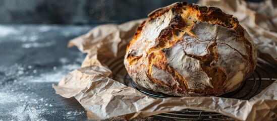 Poster - A loaf of sourdough rye bread wrapped in craft paper Fresh bread is cooled on a special metal wire rack. Creative Banner. Copyspace image