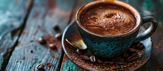 Sticker - cup of hot chocolate selective focus close up horizontal. Creative Banner. Copyspace image