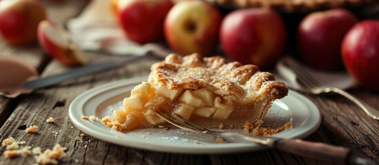 Poster - homebaked apple pie slice with apples in the background. Creative Banner. Copyspace image