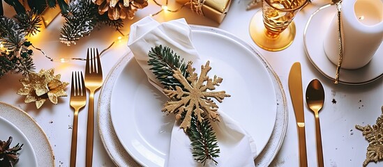 Aufkleber - Christmas festive table setting with white plates and gold cutlery white linen napkin gifts in white and gold paper wooden snowflake decoration paper decorations and balls Flatlay blue and gold