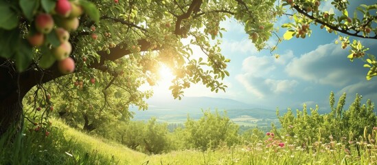 Wall Mural - low angel shot of lush green grass between rows of apple trees on orchard under blue summer sky. Creative Banner. Copyspace image