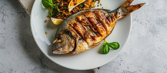 Sticker - Dorado on grill on a white plate on white concrete table. Creative Banner. Copyspace image