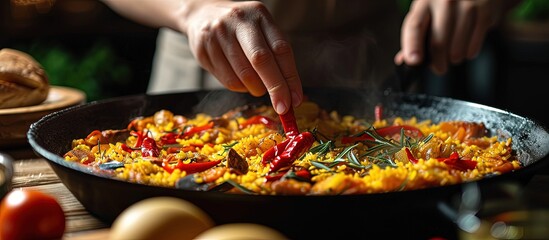 A hand dropping pepper in a paella A hand with red pepper Red pepper in paella Adding red pepper to a paella by hand. Creative Banner. Copyspace image