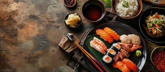 Aufkleber - Beautifully decorated sushi on a plate Sushi is the traditional Asian food Roll of sushi prepared from raw fish and a special rice Diet healthy food. Creative Banner. Copyspace image