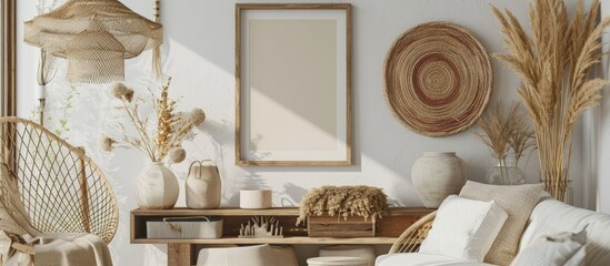 Poster - Bohemian interior of living room with mock up poster frame elegant rattan accessories dried flowers in vase wooden console and hanging hut in stylish home decor. Creative Banner. Copyspace image