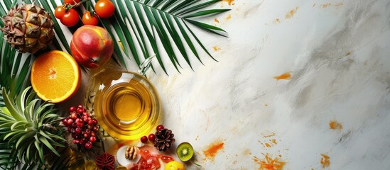 Aufkleber - Fresh ripe palm oil fruits sweets and cosmetic products on white background flat lay Space for text. Creative Banner. Copyspace image