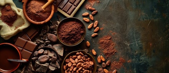 Aufkleber - Cocoa in different presentations hot drink beans powder and chocolate bar. Creative Banner. Copyspace image