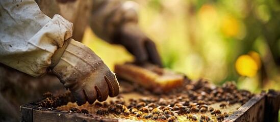 Poster - Beekeeper removing honeycomb from beehive Person taking honey from hive Farmer working with honeycomb in apiary Beekeeping in countryside Organic farming honeycomb in the hands of a close up