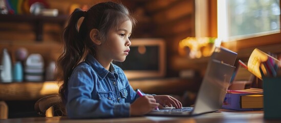 Poster - Asian little young girl kid learning online class at home with mother Preschool child use laptop computer do homework homeschool from school teacher by digital remote internet with support from