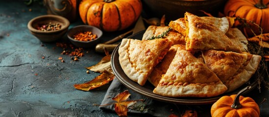 Poster - Freshly sweet pumpkin baked goods in pita bread. Creative Banner. Copyspace image