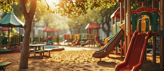 Poster - An image of a colorful children playground without children. Creative Banner. Copyspace image