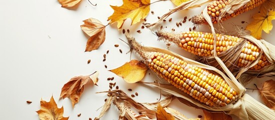 Poster - Corn cobs and kernels with dry wilted maize leaves isolated on white background. Creative Banner. Copyspace image