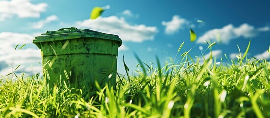 Poster - Colorful Industrial Waste Bin dumpster for municipal waste or industrial waste on green grass and blue sky background with ecology concept. Creative Banner. Copyspace image