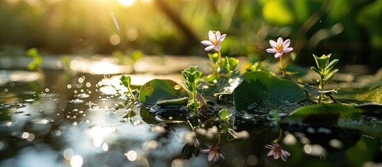 Aufkleber - Closeup in the Nearby Lake of a Tiny Flower 1. Creative Banner. Copyspace image