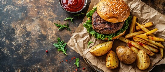 Poster - Burger ingredients overhead flat lay shot with French fries and a barbecue sauce Hamburger and potatoes shot from the top. Creative Banner. Copyspace image