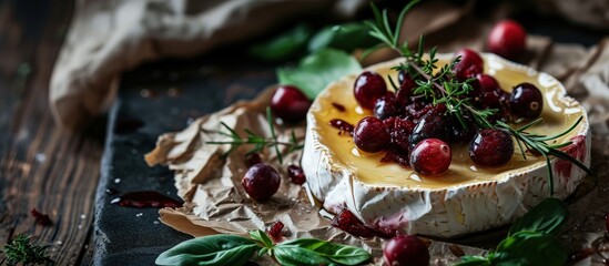 Leinwandbilder - Baked camembert cheese with cranberries basil leaves and rosemary on dark table French cuisine place for text top view. Creative Banner. Copyspace image
