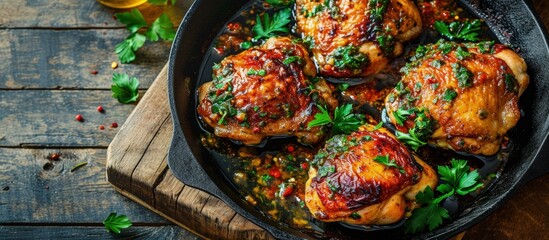 Fototapete - Homemade Chimichurri Chicken thighs ready to eat on iron cast pan. Creative Banner. Copyspace image