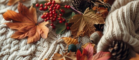 Fototapete - fall mockup card with autumn leaves invitation card with environment and details Mockup with postcard and flowers acorn and ribbon on knitted background. Creative Banner. Copyspace image