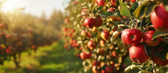 Sticker - Apple trees in an orchard with ripe apples ready for harvest. Creative Banner. Copyspace image