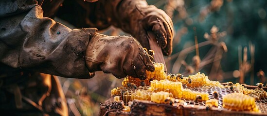Poster - Beekeeper removing honeycomb from beehive Person taking honey from hive Farmer working with honeycomb in apiary Beekeeping in countryside Organic farming honeycomb in the hands of a close up