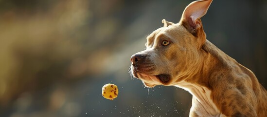 Poster - a fawn colored pit bull terrier mixed breed dog about to catch a treat in the air. creative banner. 