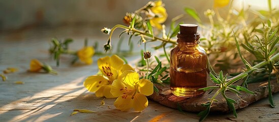 Poster - A glass bottle with capsules of evening primrose oil spilled on a table with blooming Oenothera biennis plant in the background. Creative Banner. Copyspace image
