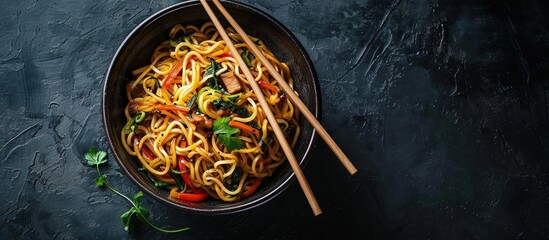Poster - Japanese food vegetable noodles in Teriyaki sauce served in a bowl with chopsticks on the side. Creative Banner. Copyspace image