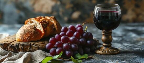 Poster - Grapes wine and Unleavened Bread for holy communion. Creative Banner. Copyspace image