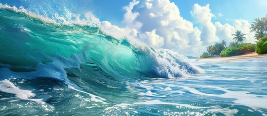 Poster - Blue Ocean Wave Tropical Island Atoll Nature Untouched Paradise. Creative Banner. Copyspace image