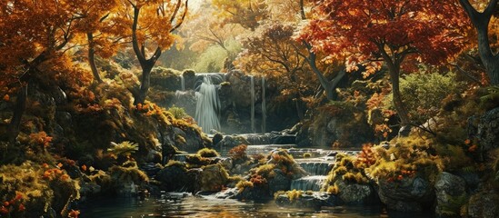 Poster - Brook waterfall in the autumn forest Autumn forest waterfall Forest waterfall in autumn Waterfall in autumn forest. Creative Banner. Copyspace image